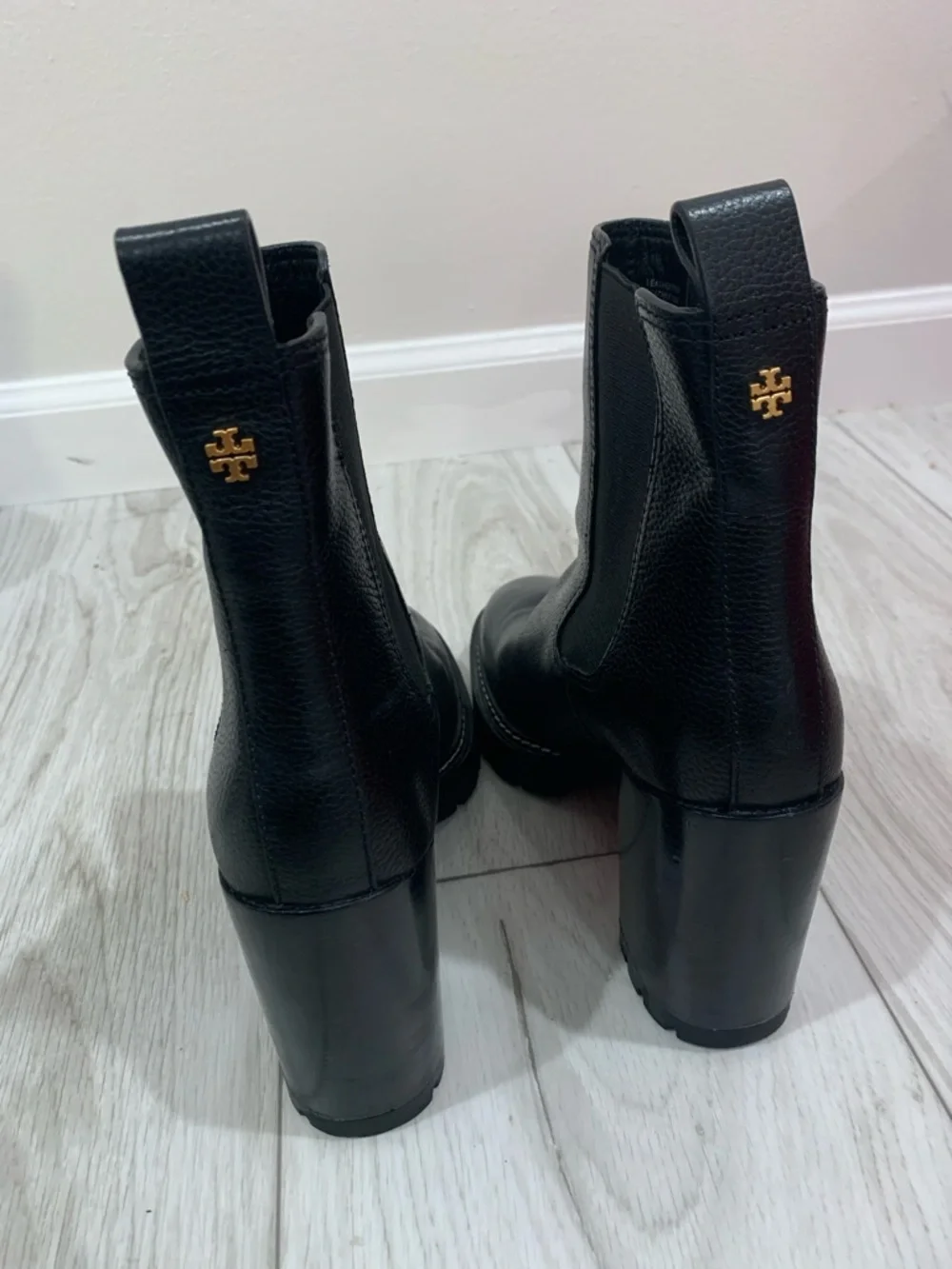 Tory Burch Black Leather Platform Chelsea Booties with Logo Tab